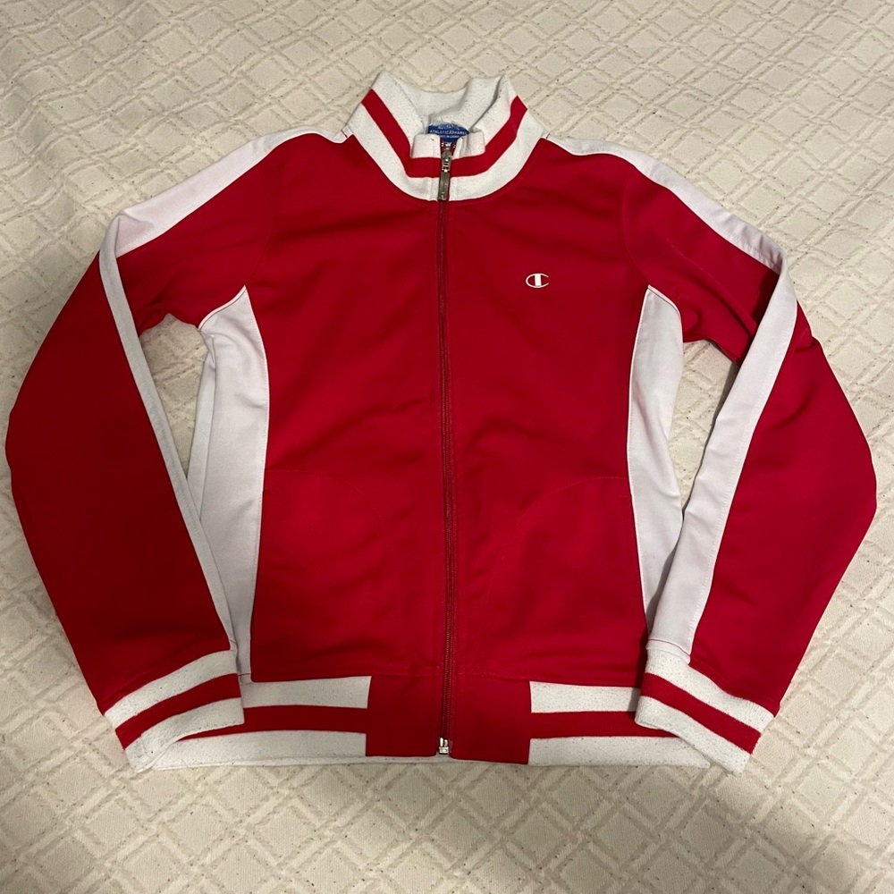 Red and white Champion track jacket